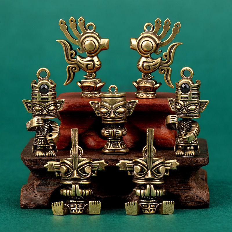 Latão puro Samsung pilha chaveiro pingente bronze homem máscara deus pássaro antigo coleção bronze ornamentos genuíno