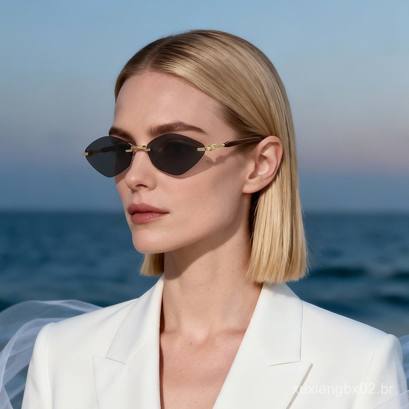 Óculos de sol estilo olho de gato para mulheres, óculos de sol sem armação, óculos de sol com armação de metal, óculos d