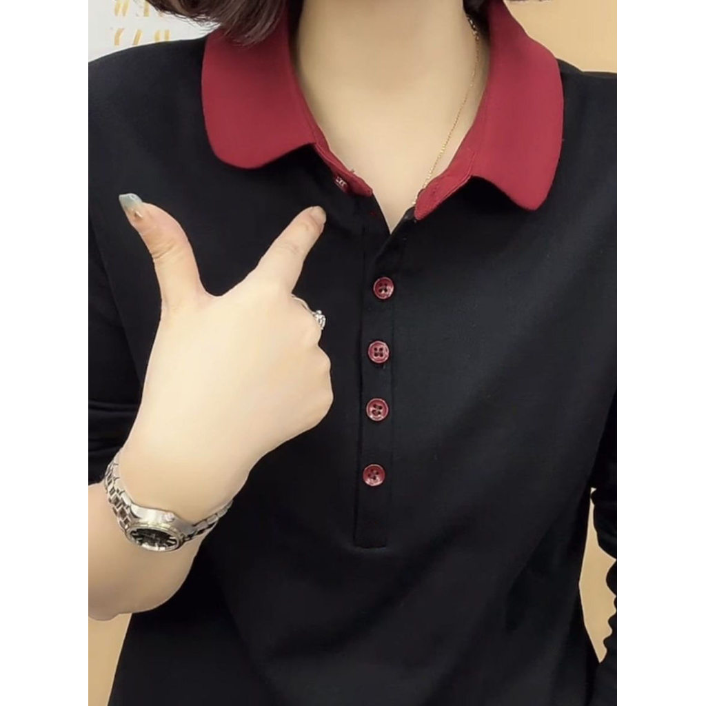 Camiseta de manga comprida feminina primavera novo estilo mãe estilo ocidental lapela camisa polo redução de idade All-M