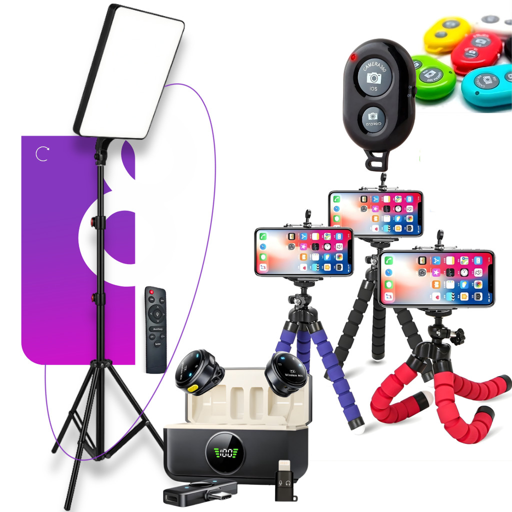 Kit Ring Light Quadrada Microfone Sem Fio Tripé Celular Bluetooth TikTok Live