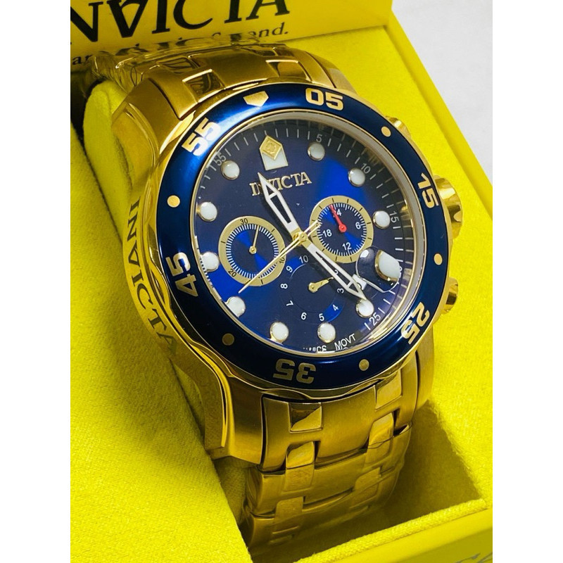 Relógio Invicta 0073 Pro Diver Scuba Gold Azul Banhado a Ouro Masculino Com Caixa Velcro