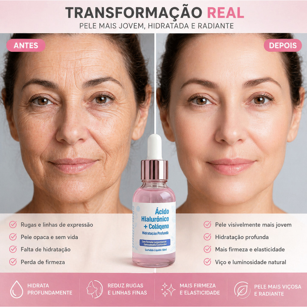 Sérum Ácido Hialurônico com Colágeno Anti-Idade Rejuvenescedor Firmeza e proteção da pele