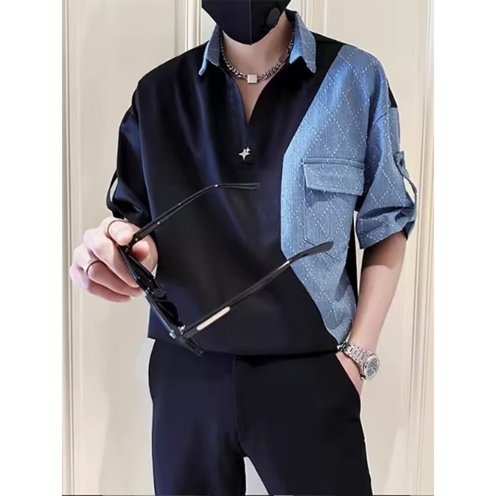 Verão camisa de manga curta contraste cor novo estilo masculino High-End costura camisa polo masculina polegada camisa r