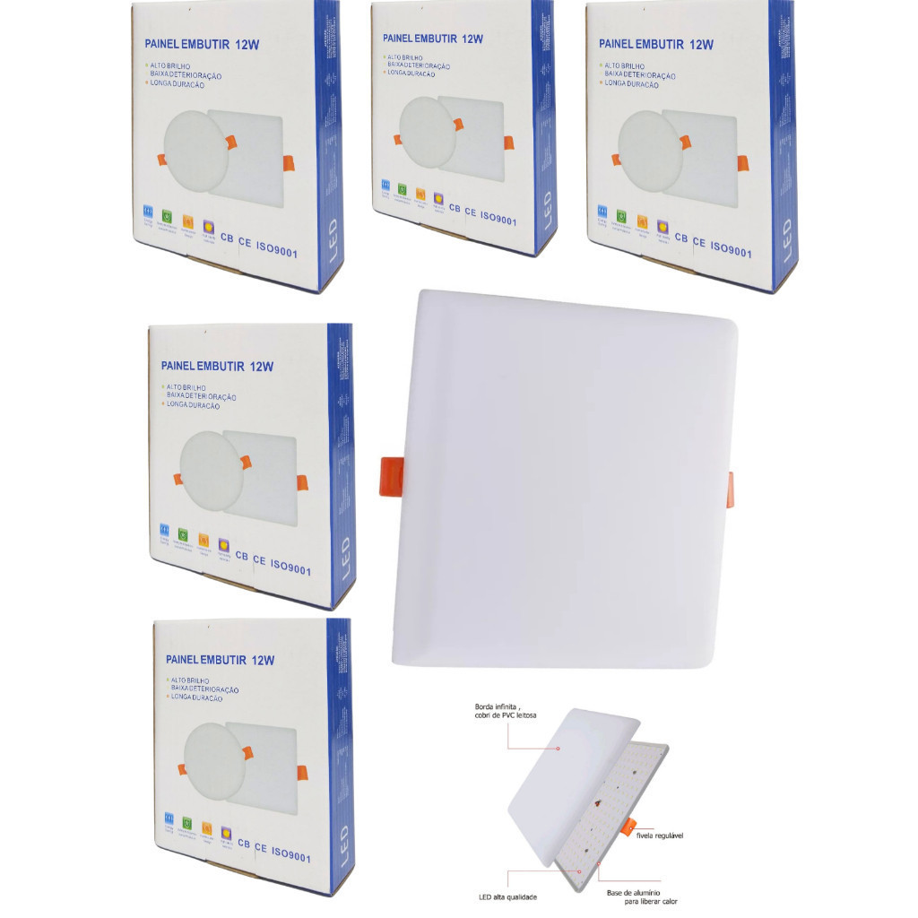Kit 5 Painel Plafon Led Borda Infinita 12w Embutir Quadrado Bivolt Branca Frio 6500k 10cm