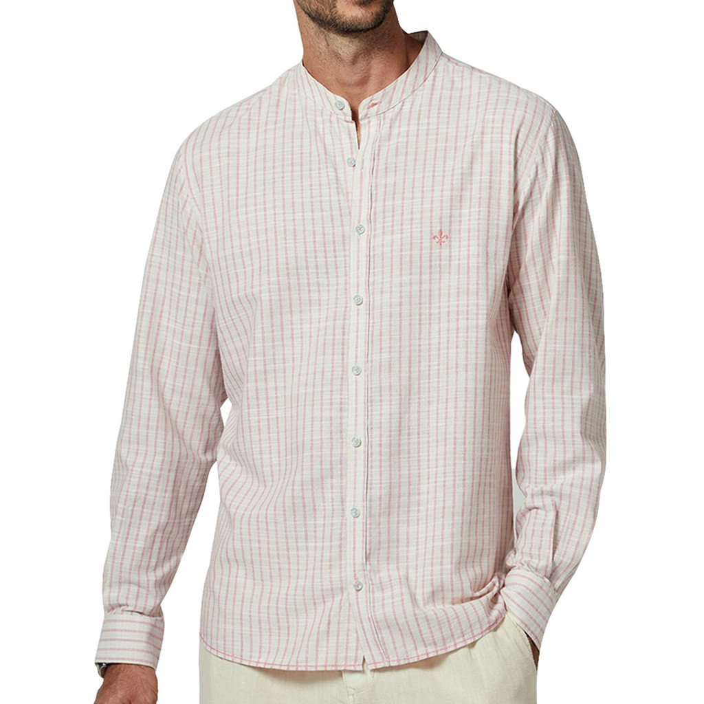Camisa Dudalina Masculina Comfort Slub Cotton Listrada Rosa / Cáqui