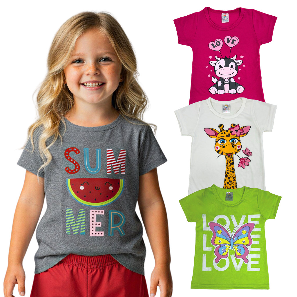 Kit 3 Camiseta Infantil Manga Curta ou Regatas Menina Sortido Blusa Verão Roupa Feminina Bebê