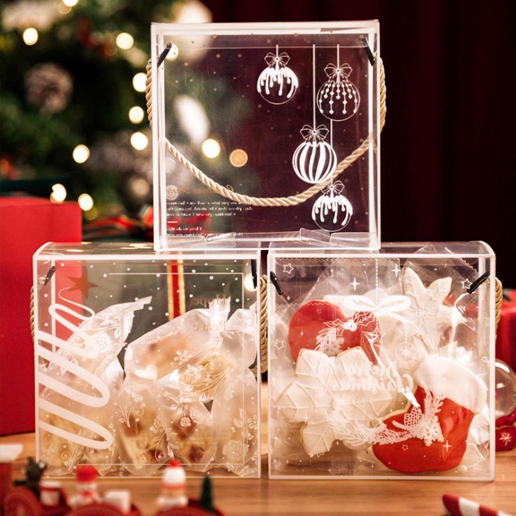 Caixa de embalagem de doces de natal PET transparente portátil Nougat floco de neve cubo crocante caixa de presente croc