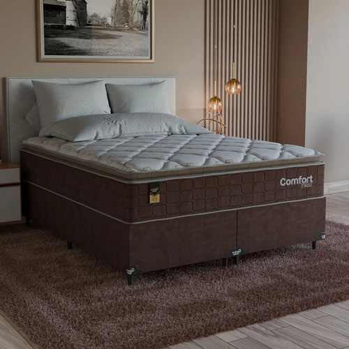 Cama Box Queen + Colchão Comfort Class Pillow Top 158x198cm Marrom/suede Marrom