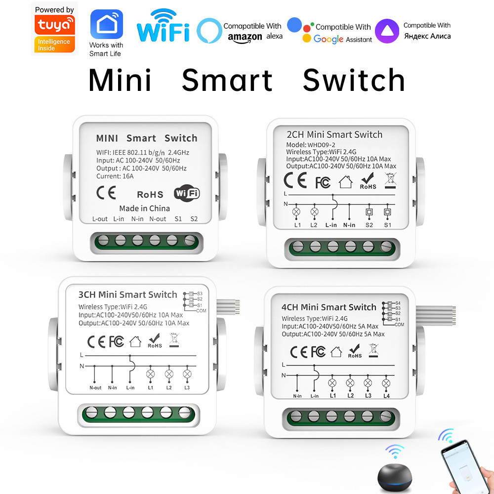 1/2/3/4 Vias Tuya WiFi Inteligente swtich Interruptor De Luz 1-4 Gang Controle Mini Disjuntor
