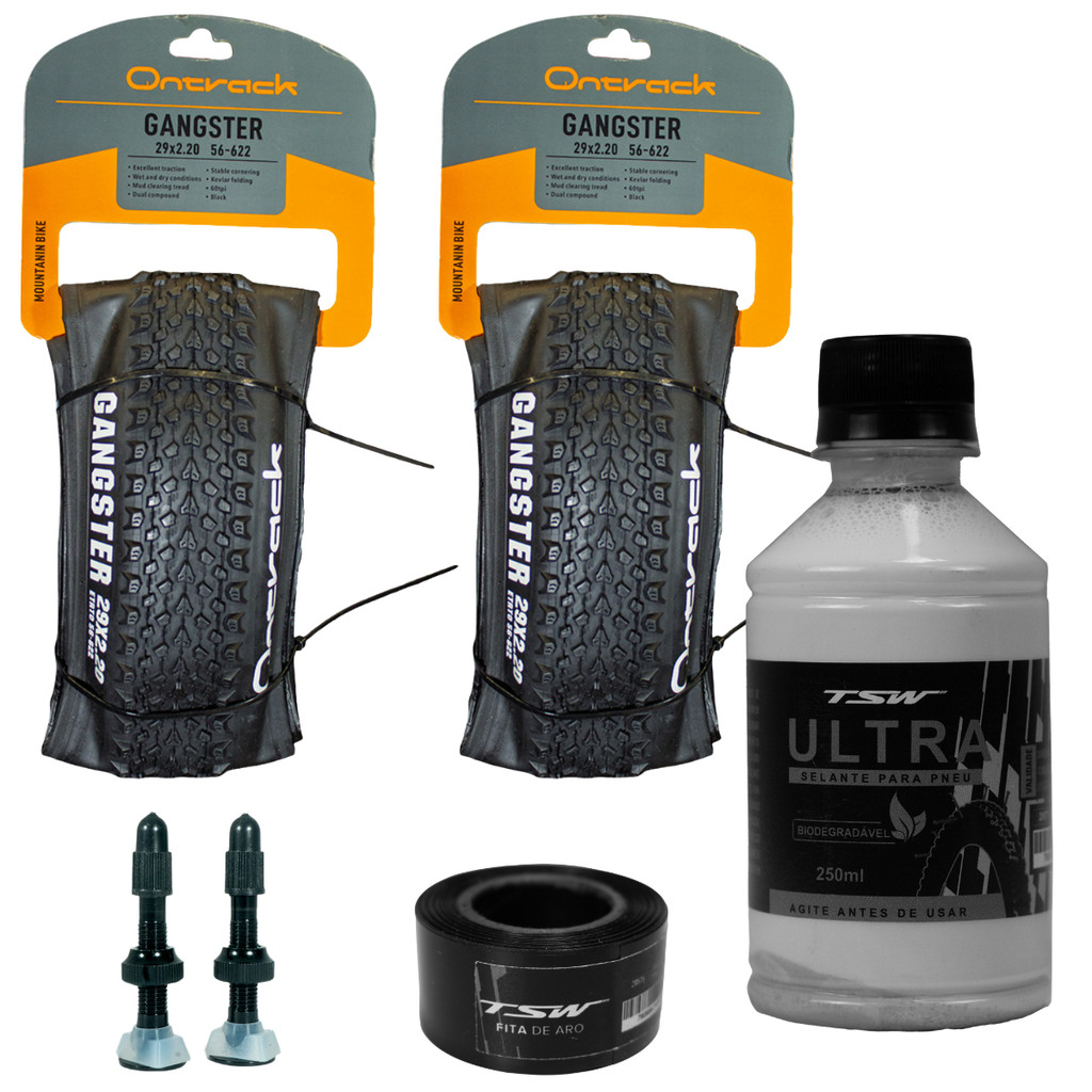 Kit Conversão Tubeless MTB 29 Pneus Ontrack Gangster Kevlar + Selante TSW 250ml + Válvulas TSW 48mm + Fita AroTSW