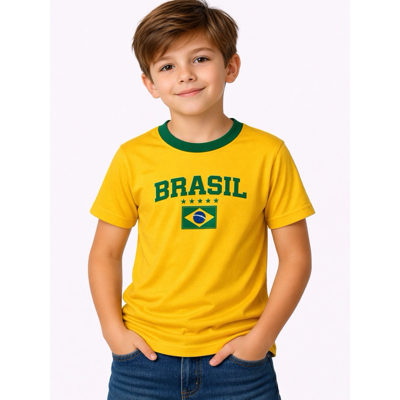 Detalhes do Camiseta Infantil Retrô Brasil | Poliéster Premium | Torcida Copa | Amarelo Verde Azul
