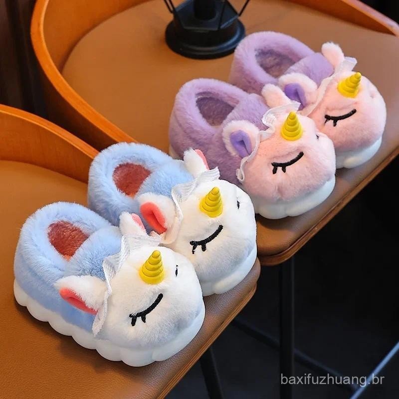 Chinelos De Pelúcia De Unicórnio Para Crianças , Sapatos De Algodão Quente , Antiderrapantes Casa Meninas E H .
