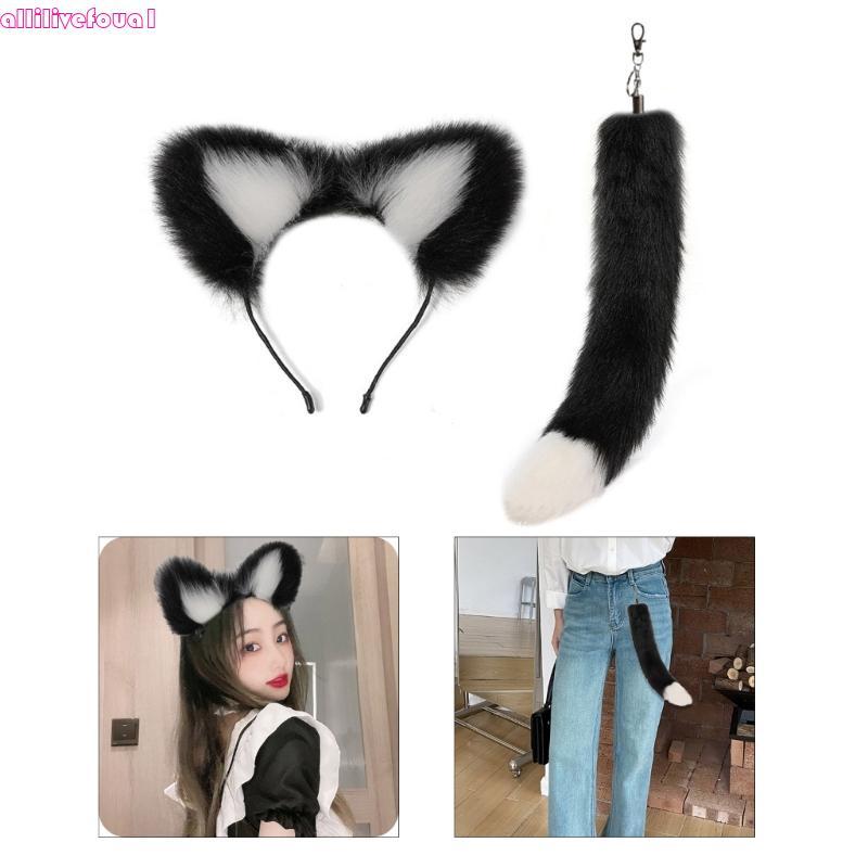allilivefoua1 Elegante Foxes Tail Chaveiro Pingente Bolsa Ornamento E Conjunto Faixa Cabelo Para Meninas