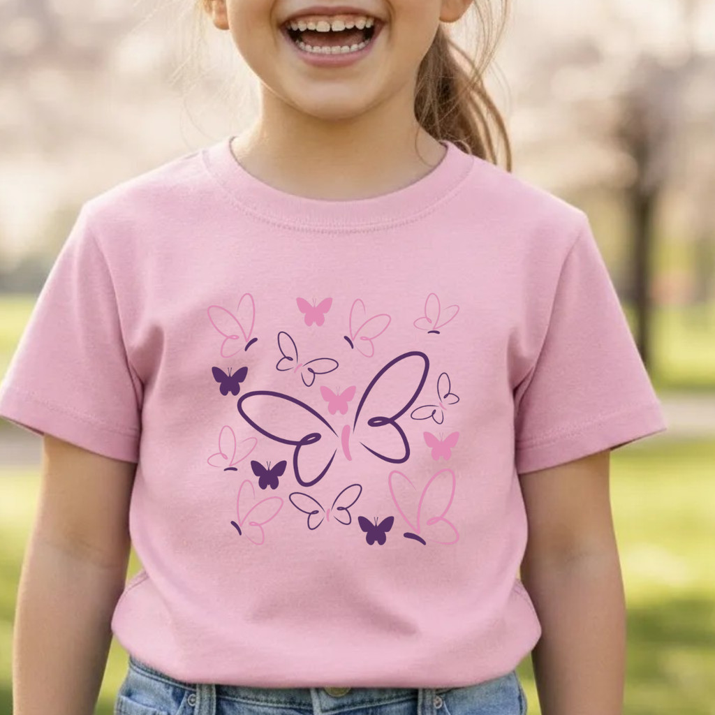 Camisa Infantil Básica Camiseta Borboleta Lançamento Algodão Casual Confortável