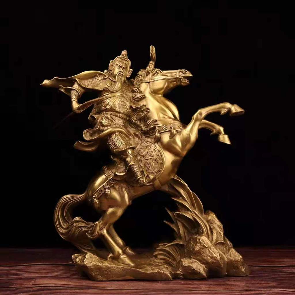 Cavalo de equitação de cobre puro Guan Gong Ornamentos Deus da Riqueza Estátua de Bronze Faca grande Guan Erye Deus Está