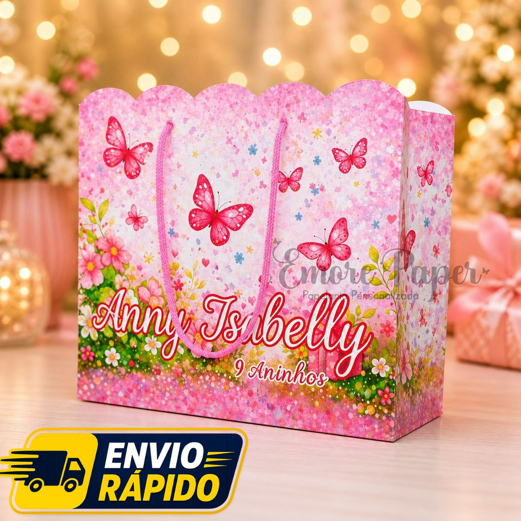 Jardim das Borboletas Sacolinha Personalizada com Nome | Lembrancinha Festa Infantil 20x15x7cm