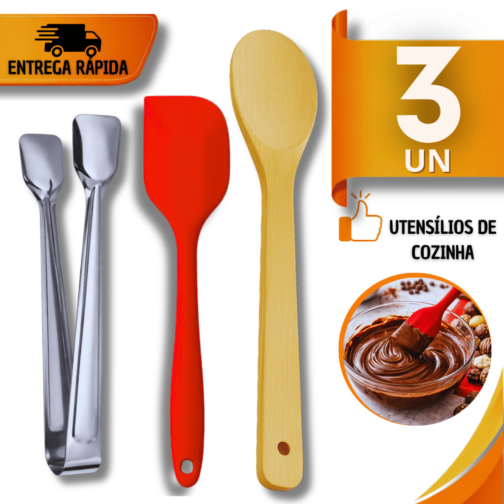 Kit Espátulas Silicone Colher Bambu E Pegador Frios Inox Cozinha Restaurante Multiuso Utensílios