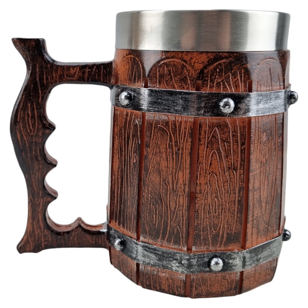 Caneca Medieval Artesanal  Barril Geek 3D em Resina Copo em Aço Inox Grande Térmico Chopp Cerveja Presente 600ML