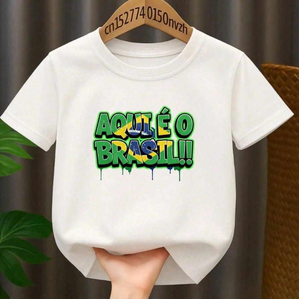 Camiseta Infantil 100% Algodão C\ Estampa Aqui é Brasil look para Copa Do Mundo 2026 unissex
