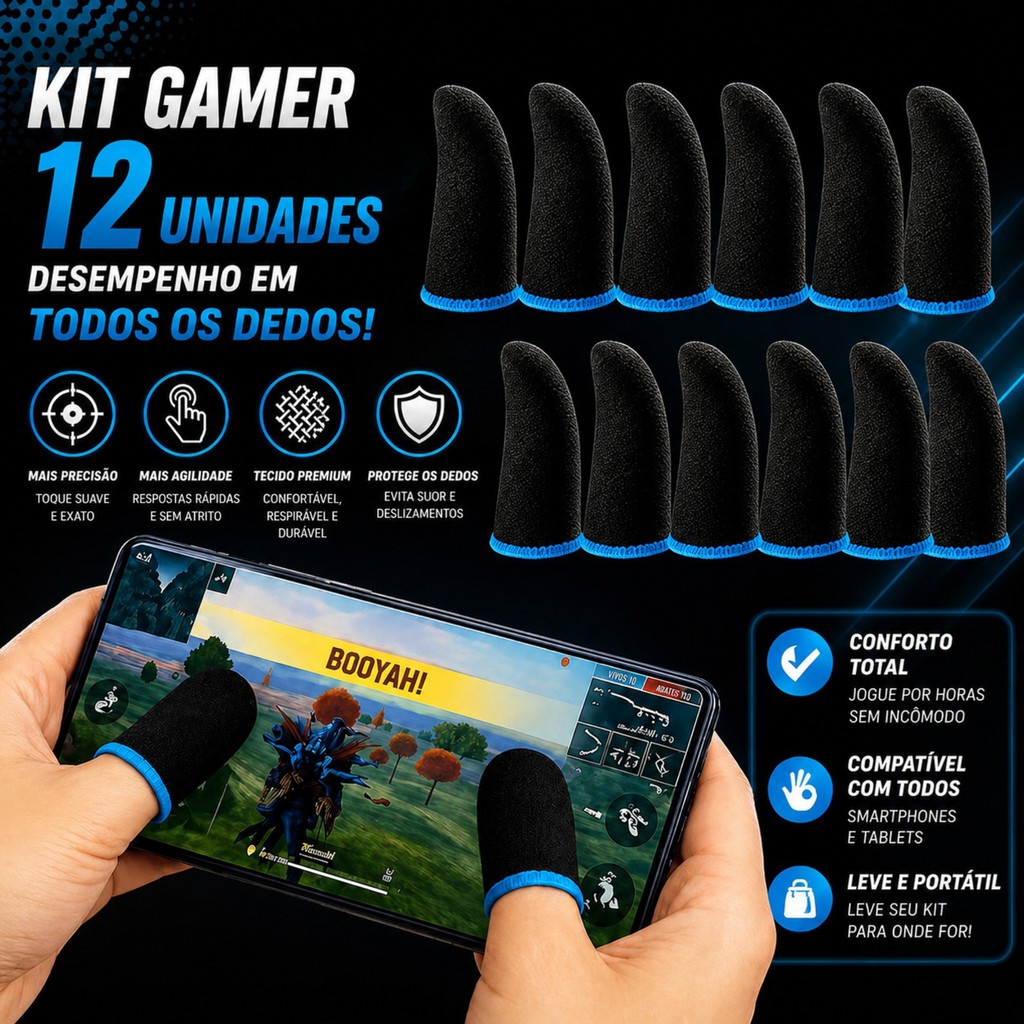 Kit 12 Luva de Dedo Gamer anti suor Jogos Free Fire Pubg Mobile Call Of Duty Fortnite Celular Fps