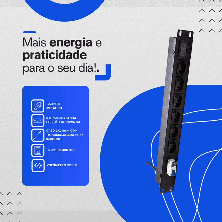 Regua Rack 19" Filtro Linha Disjuntor Voltimetro 20A 6 Tomadas Painel Proteção Curtos