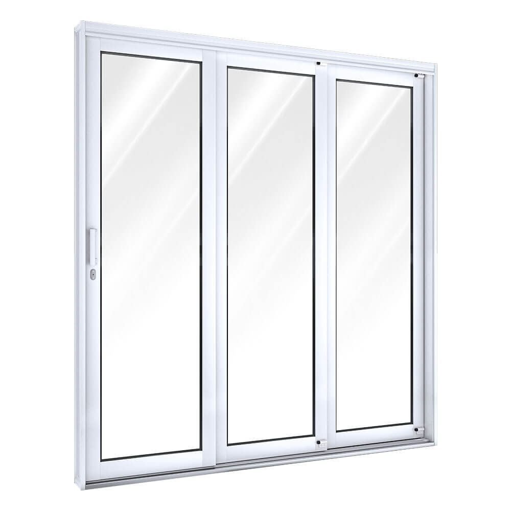 Porta de Aço de Correr 213x200cm 3 Folhas com Vidro Facilita Lucasa Branco Direita