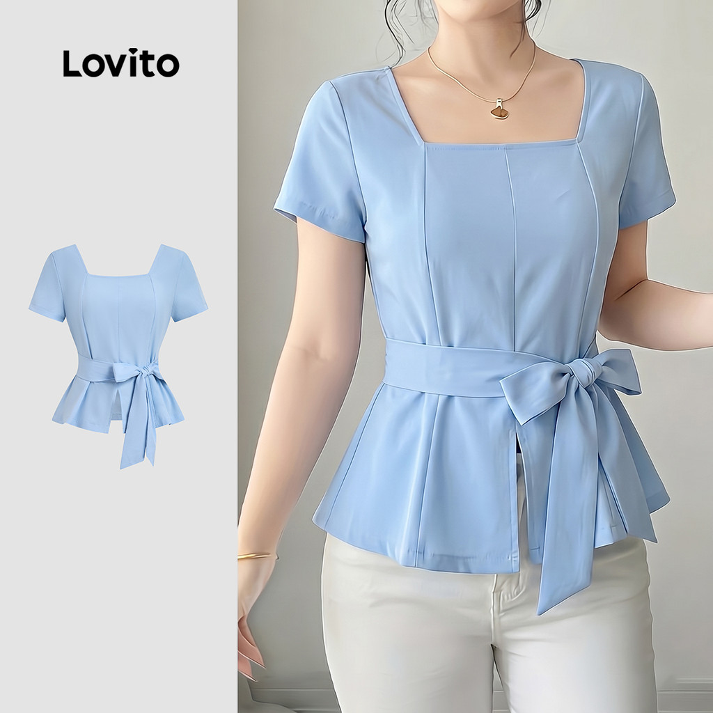 Lovito Blusa Casual Feminina Azul de Primavera/verão com Cinto e Abertura fronta