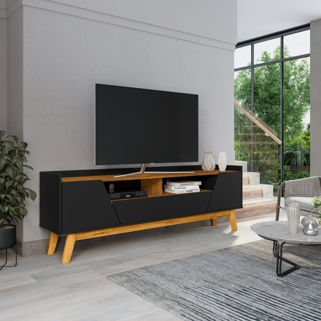 Rack para TV até 70 Polegadas MDF 180cm Pés em Madeira Maciça 2 Portas 1 Gaveta 2 Nichos Decor Preto Preto
