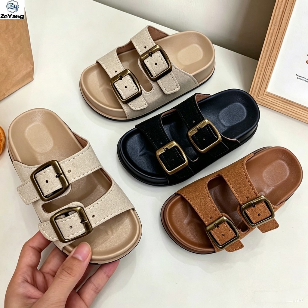 [ZY] 24-35 Chinelos casuais infantis em estoque pronto Sandálias retrô com fivela dupla para bebês Sapatos combinados an