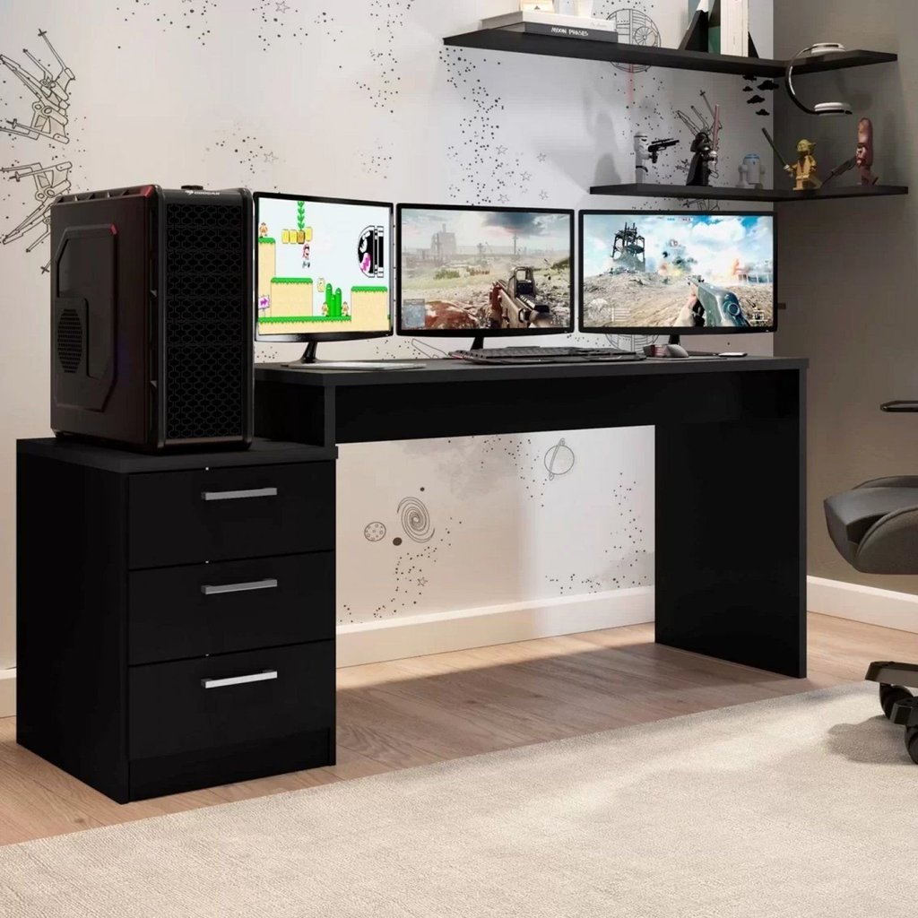 Mesa Gamer Escrivaninha DRX5000 3 Gavetas 178cm Preto Preto