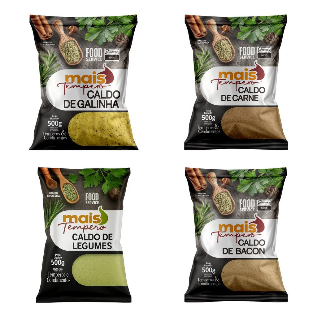 Kit De Caldos 4 Sabores 1 Galinha 500g + 1 Carne 500g + 1 Legumes 500g + 1 Bacon 500g - OFICIAL