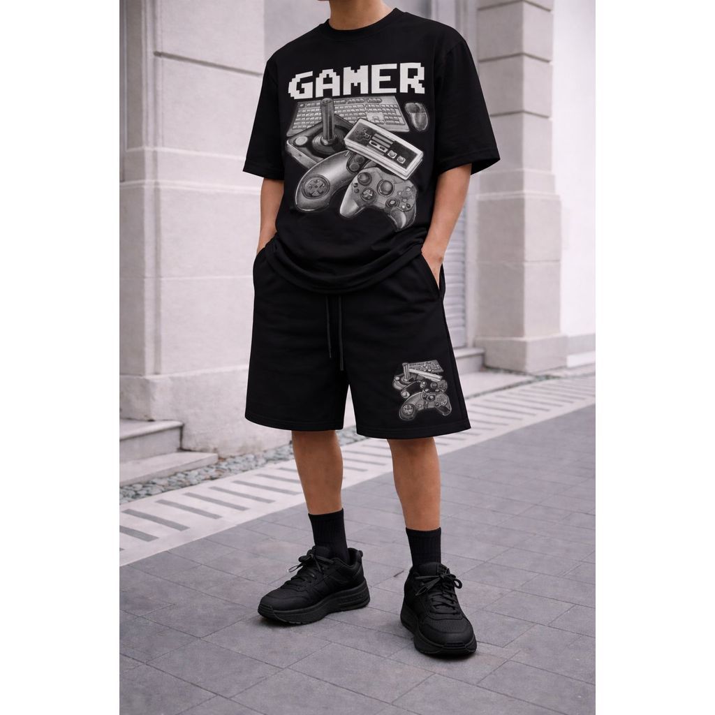 Conjunto Masculino Gamer Camiseta Bermuda Moletom Estampa Games Casual Premium