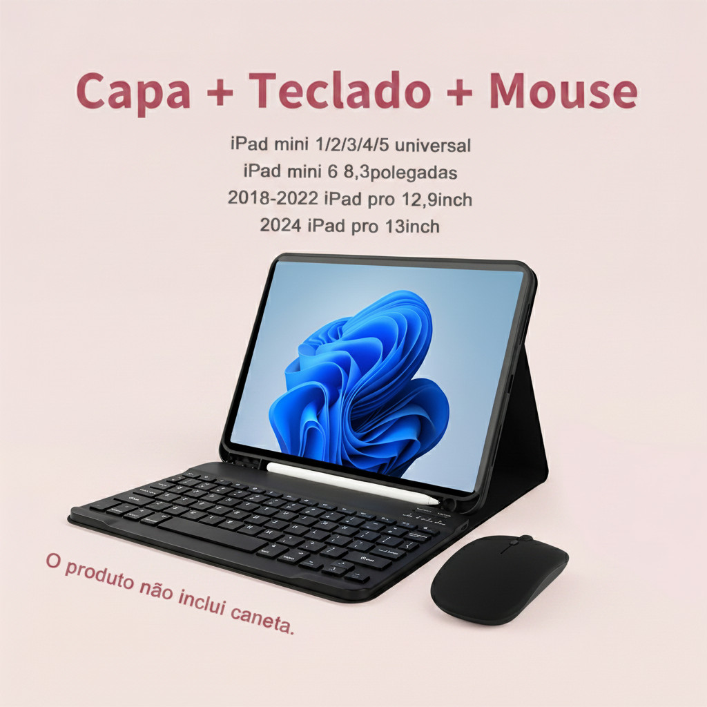 Capa com Teclado e mouse Para iPad mini 1 2 3 4 5 6, 2018-2022 iPad pro 12,9inch