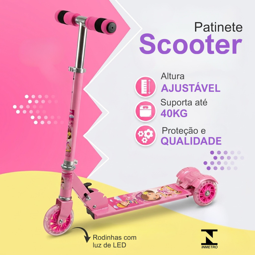 Patinete 3 Rodas Infantil com LED Altura Regulável Criança Até 40kg