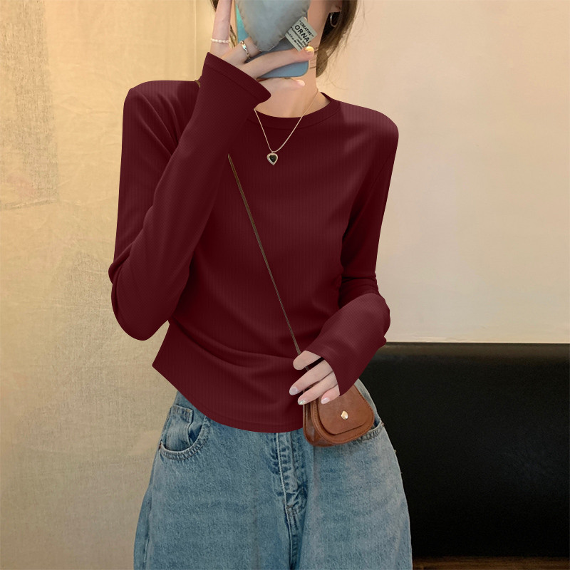 Camiseta feminina de manga comprida com rosca 2025 novo estilo primavera outono estilo ocidental High-End cintura estrei