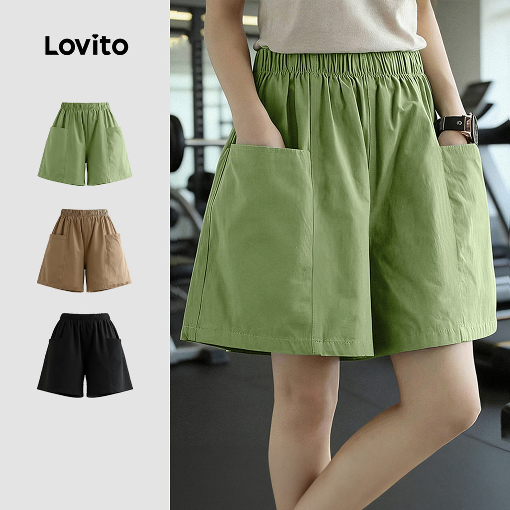 Lovito Short Esportivo Simples Respirável Ao Ar Livre Verde Secagem Rápida Treino Cintura Alta Feminino LNA140009