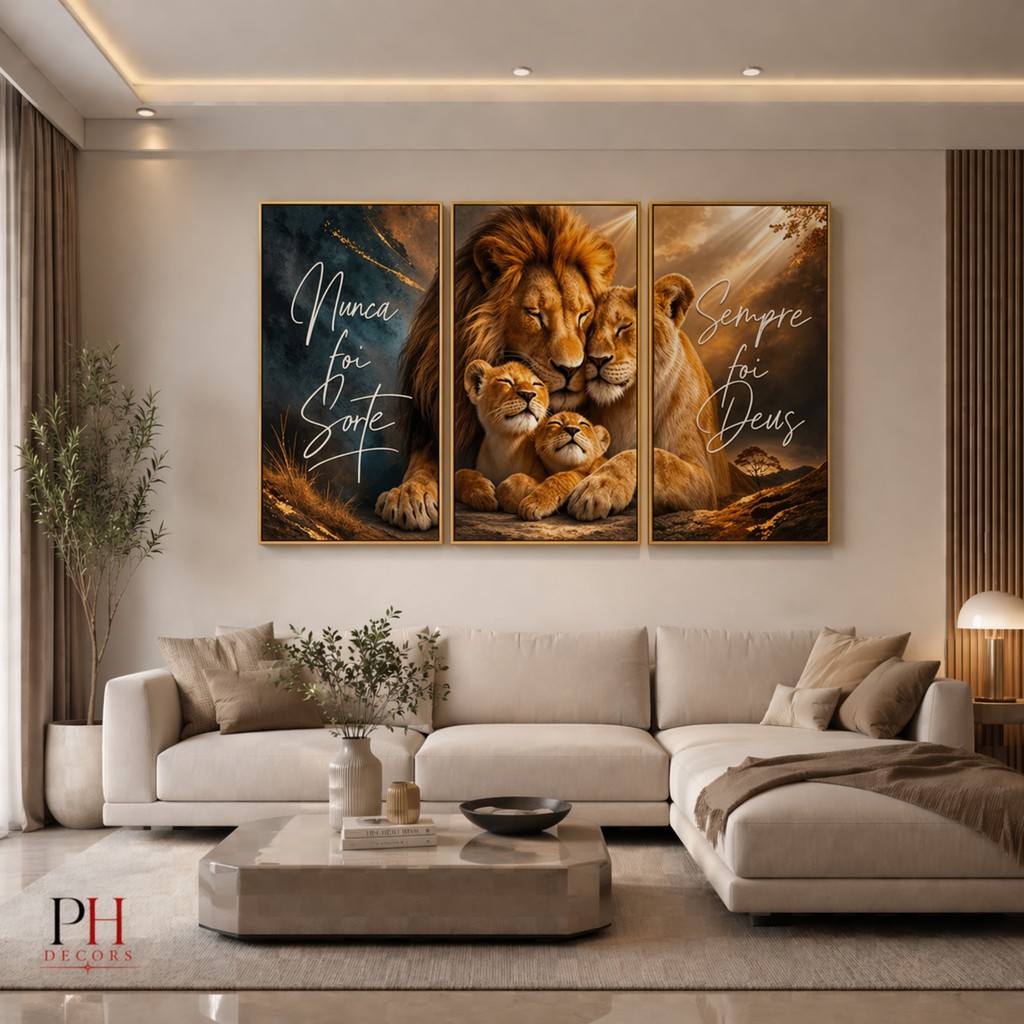 Kit 3 Quadros Decorativos Leão Frase Nunca Foi Sorte Sempre Foi Deus Luxo Sala Quarto Moderno Religioso Motivacional mdf