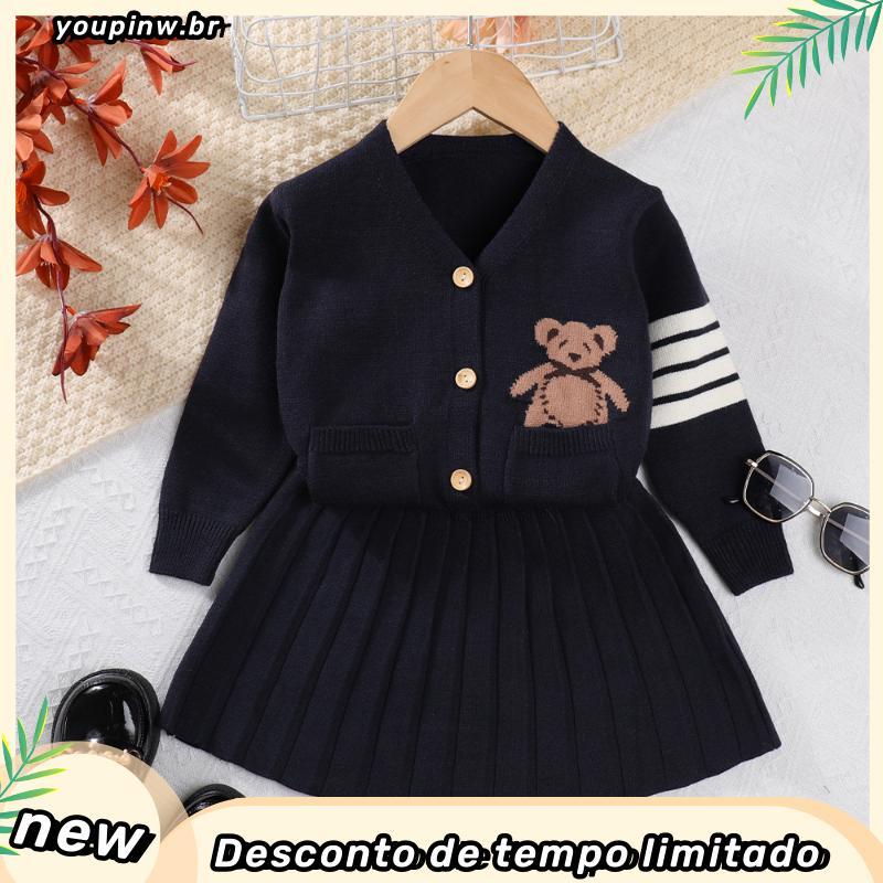 Líder Do Urso Conjunto De Roupas De Bebê De Menina 2024 Novo Inverno De Outono Com Pescoço Em V De Cartoon De Manga Lon