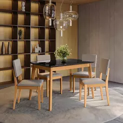 Conjunto Sala de Jantar Nara Kappesberg em Madeira Maciça com 4 Cadeiras Linho Gelo