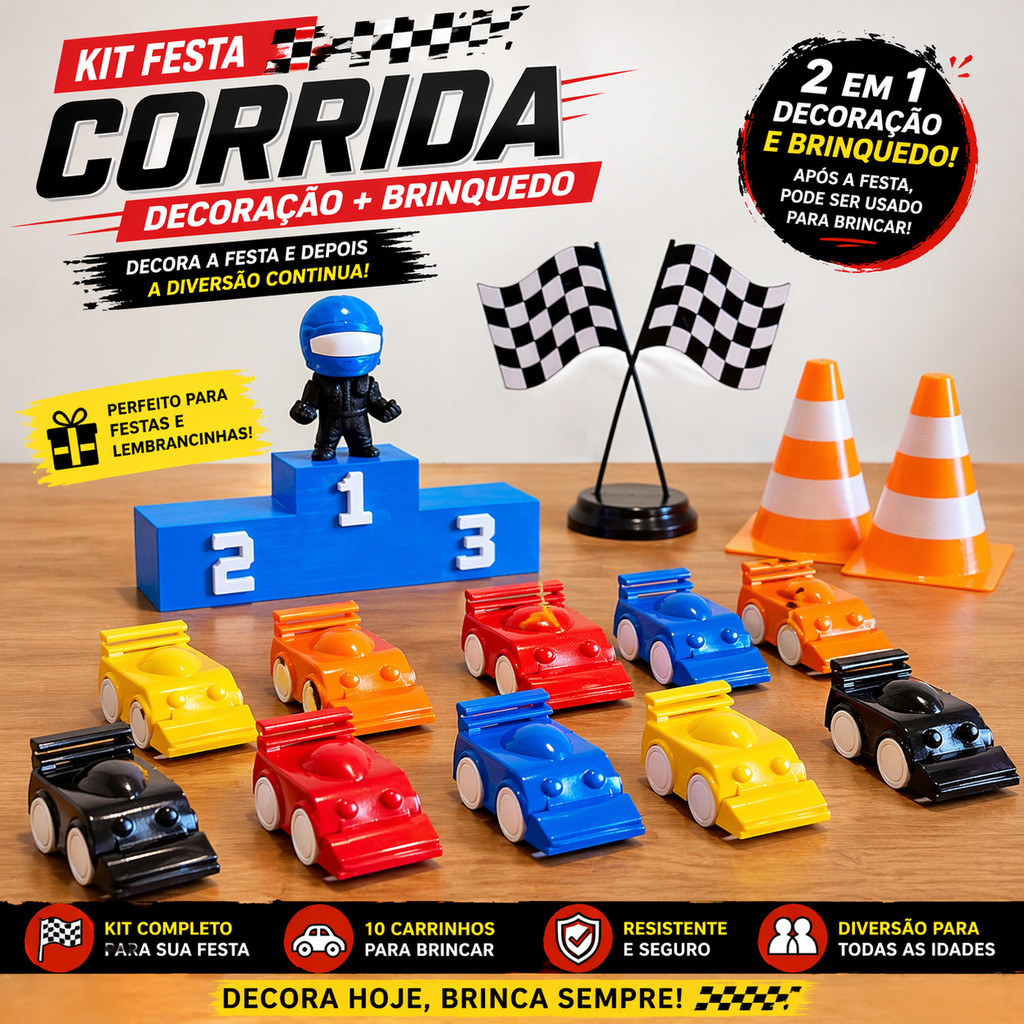 Kit Festa Corrida Infantil Decoração + Brinquedo - 10 Carrinhos, Pódio, Bandeiras, Cones e Piloto