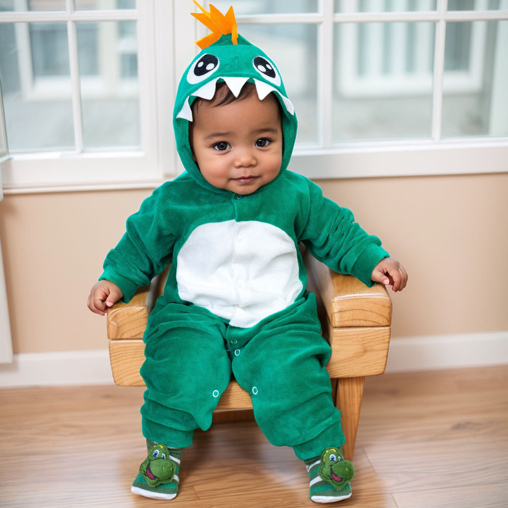 Conjunto Dino: Macacão Plush Com Capuz Bordado E Pantufa 3d