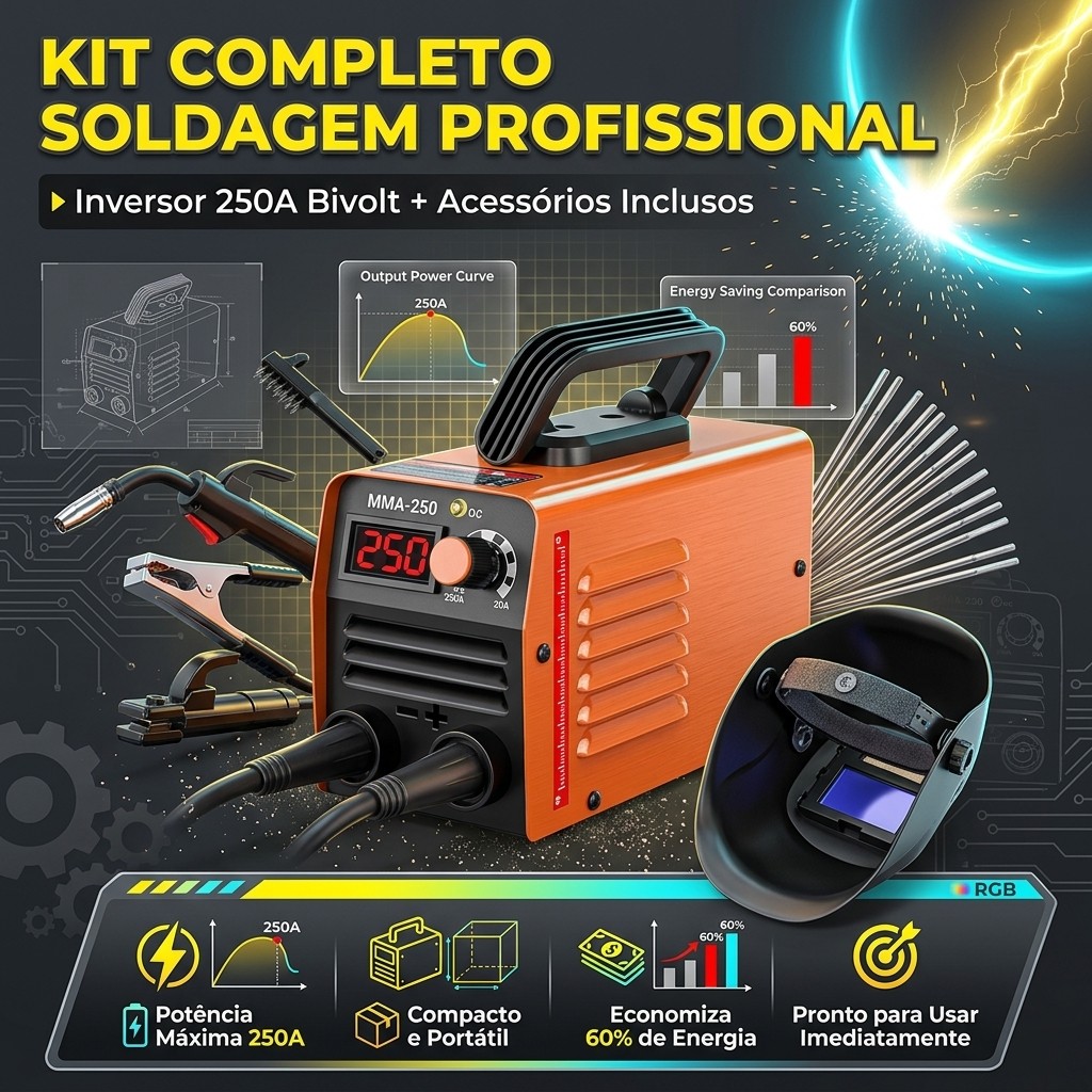 Máquina De Solda Inversora MMA 250A Portátil Bivolt Kit Soldagem Completo Eletrodo Revestido Para Reparos E Serralheria