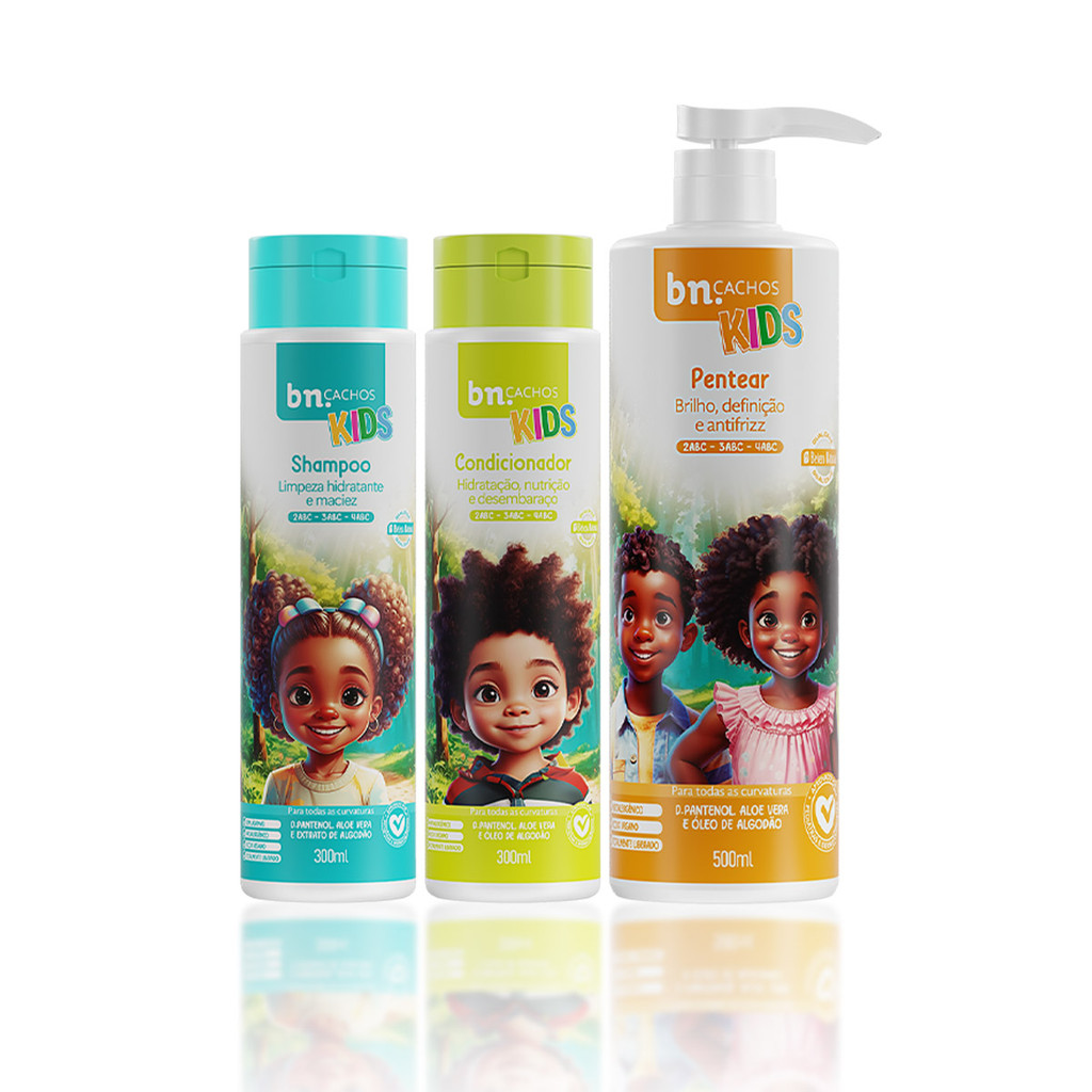 Kit Shampoo e Condicionador + Creme de Pentear 500ml Linha Kids bn.Cachos