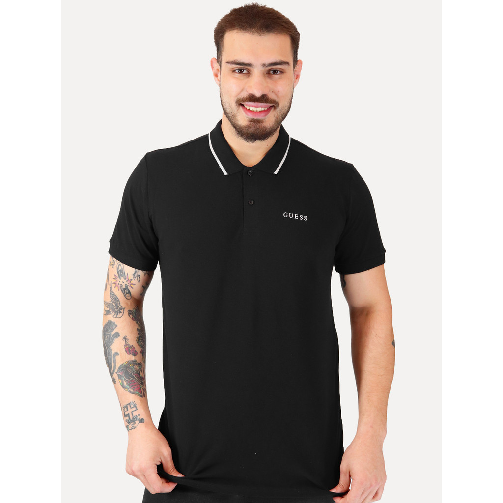 Polo Guess Masculina Piquet Silk Linear Light Friso Original Preta