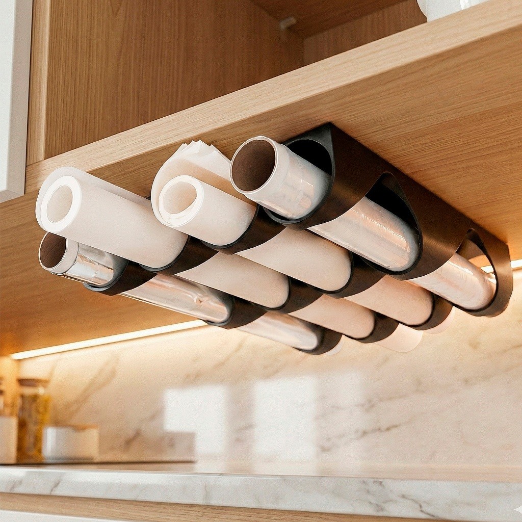 Suporte para Rolos de Cozinha Organizador de Armário | Porta Papel Toalha, Filme e Alumínio