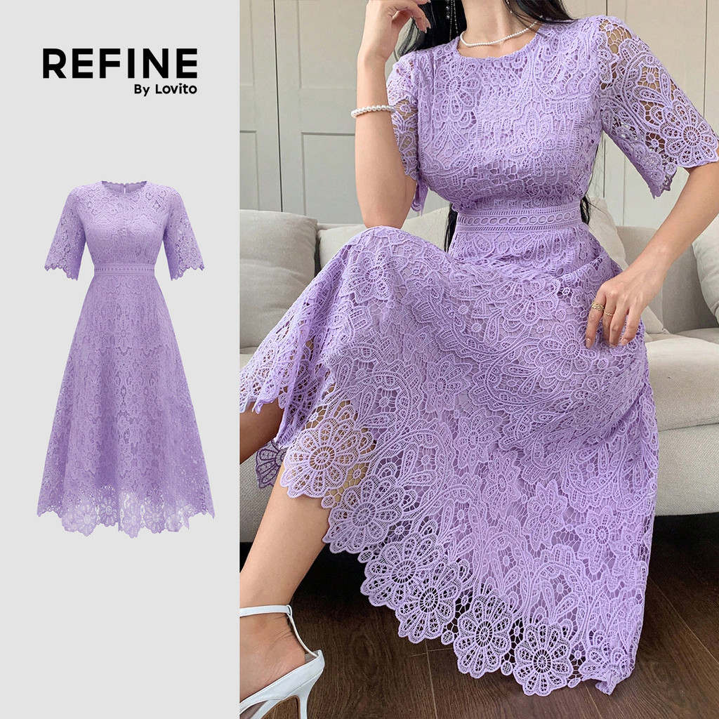 (Refine by Lovito) Vestido Elegante de Renda Oca com Babado Exagerado para Primavera/verão Roxo para mulheres LR35E050
