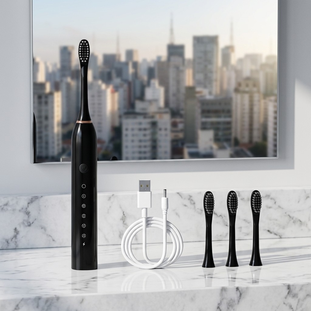 Escova De Dente Recarregável USB Com 4 Cabeças Extras Cerdas Macias