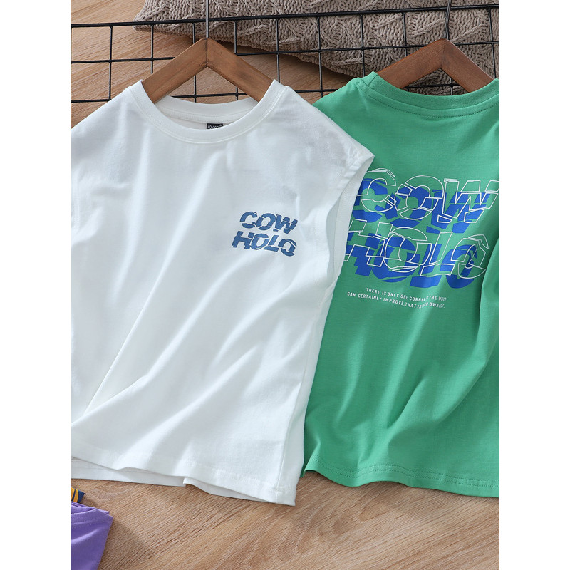 Verão elegante sem mangas camiseta algodão pele-amigável Wicking colete infantil meninos grandes crianças de manga curta