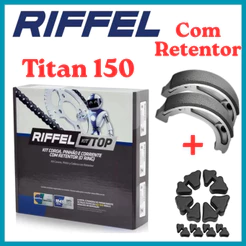 KIT RELAÇÃO TRANSMISSÃO COM RETENTOR ORIGINAL RIFFEL TITAN 150 FAN 150 + Coxim da Coroa + Patins de Freio