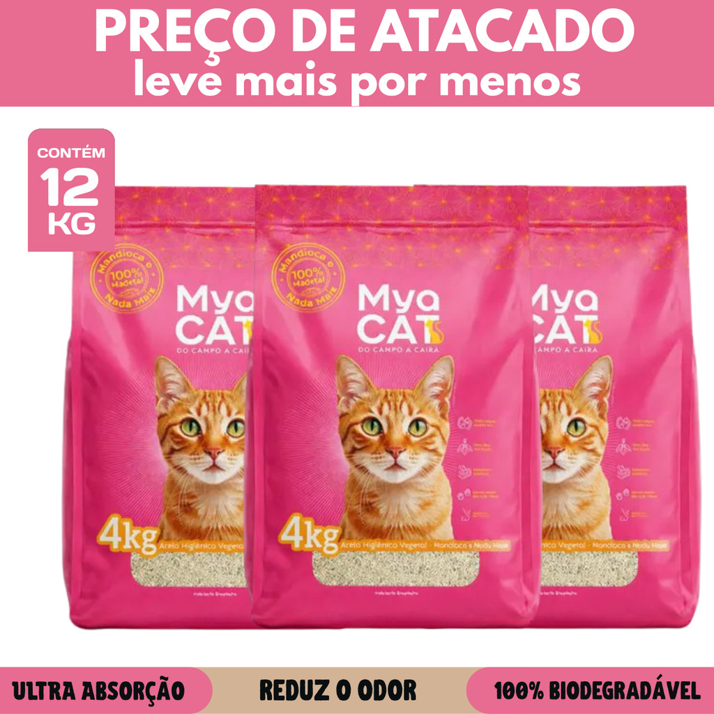 Kit 3 Areia Mya Cat Biodegradável Mandioca Elimina Odor Gatos 4kg